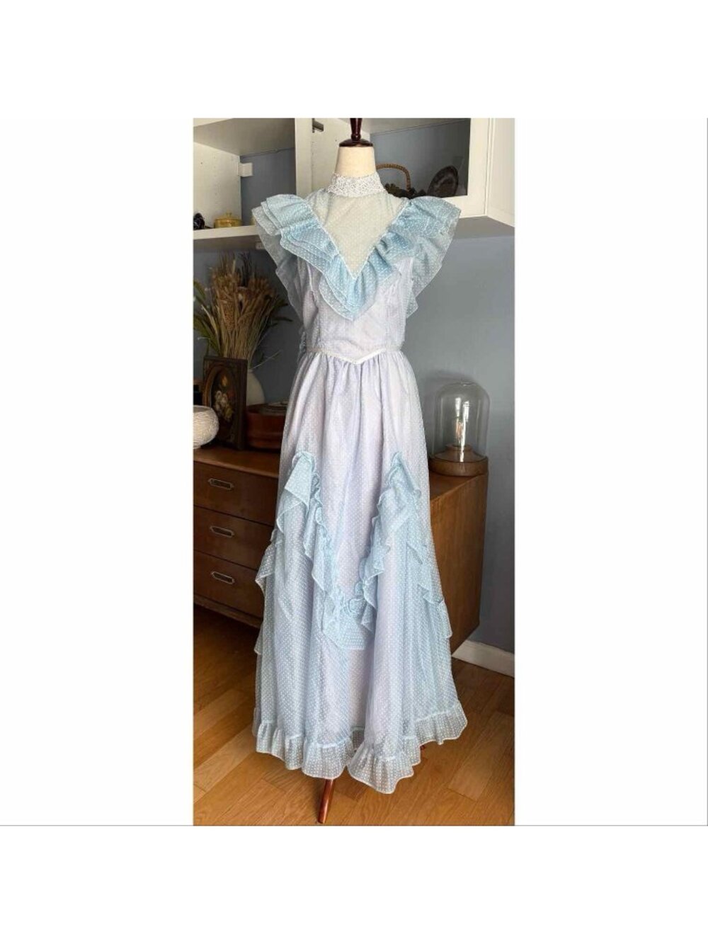 Vtg 70s 80s Prom Dress Blue Swiss Dot Edwardian Prairie Sleeveless Ruffle S